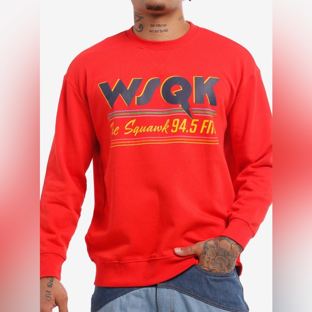 NWT Stranger Things WSQK The Squawk Red Logo Crewneck Sweatshirt SZ XS